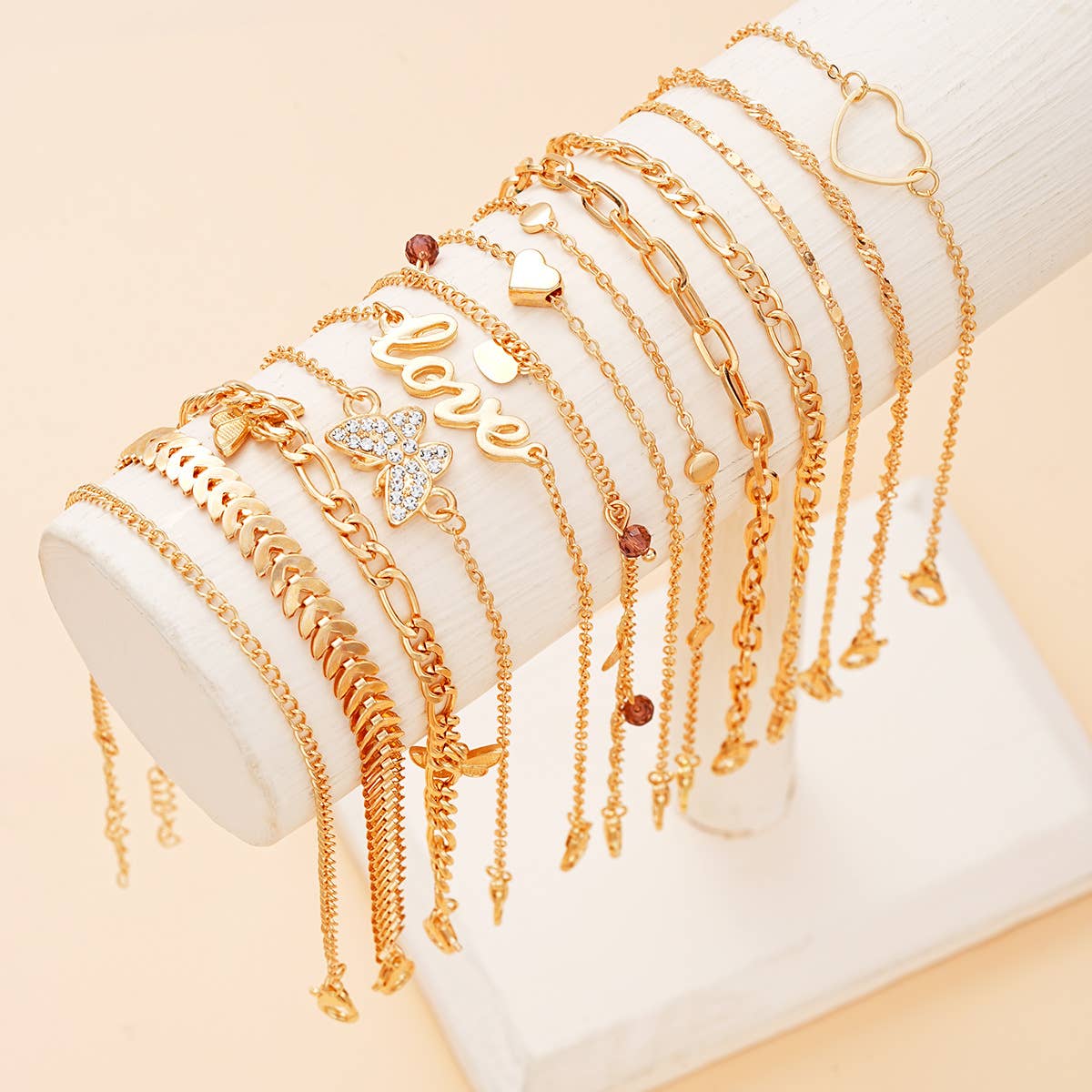 Yellow 13-Piece Gold Butterfly & Heart Alloy Anklet Set ZK2972 for wholesale on Faire4