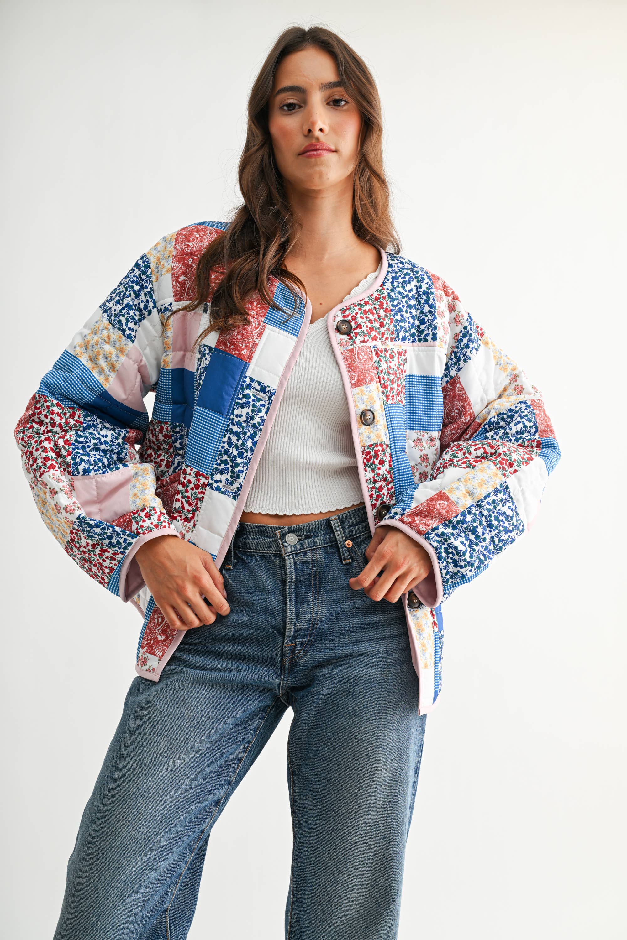 BLUE MULTI CJJ26871 PATCHWORK BLISS QUILTED JACKET for wholesale on Faire3