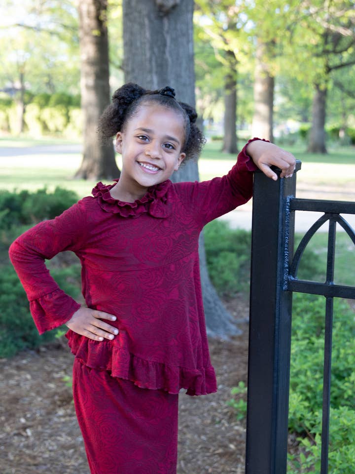 Burgundy Wine Top Skirt Mommy and Me Matching Girls Modest for wholesale by Adalyn Fashions