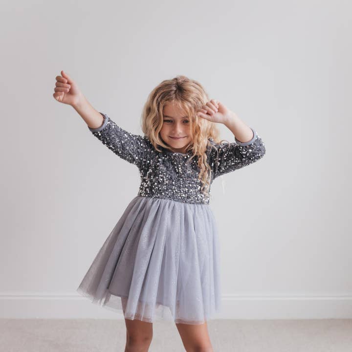 Oopsie Daisy - Wholesale Dress - Kids - Kids Sequin Silver Holiday Fancy Sparkle Tulle Winter Dress