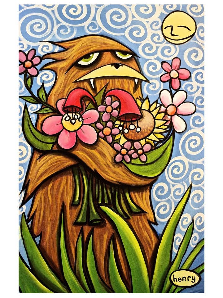 Sasquatch Hugging Flowers Paper Print for wholesale by It's a Henry