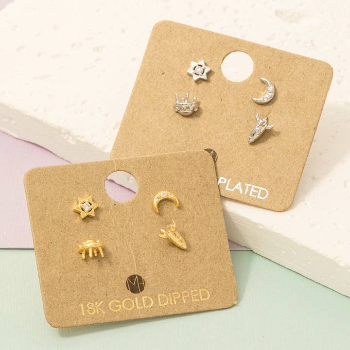 Fame Accessories - Wholesale Stud/Post Earrings - Gold Dipped Space Themed Stud Earrings Set