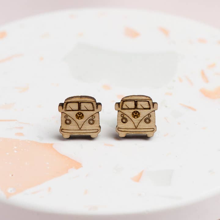 Wooden Camper Van Stud Earrings for wholesale by Ginger Pickle