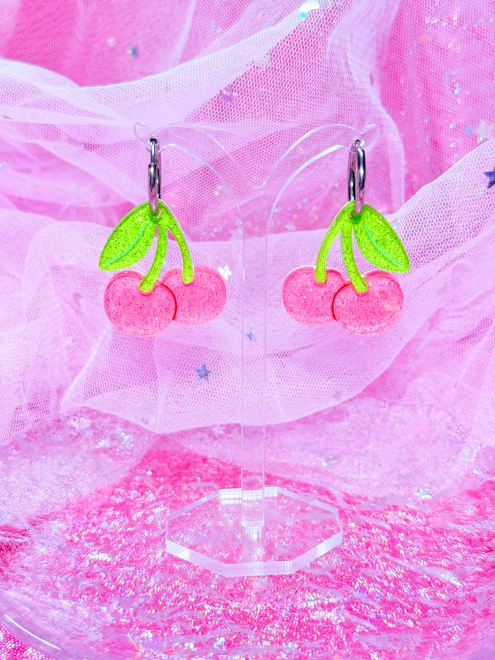 Candy Cherries, Acrylic Earrings (Pink) for wholesale by Smiley Moon Studio