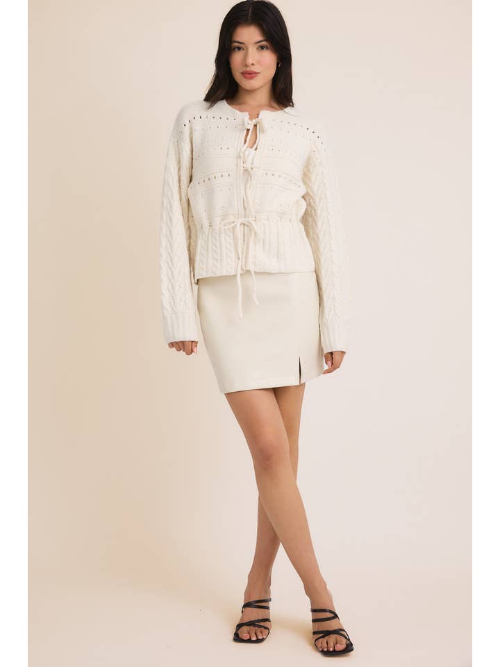 White FRONT TIES LONG SLEEVE OPEN KNIT SWEATER CARDIGAN for wholesale on Faire