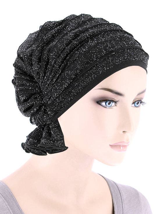 Turban Plus – Engroshandel Hovedtørklæde - Dame – The Abbey Cap Flæsekanter Sort m/Sølv Shimmer