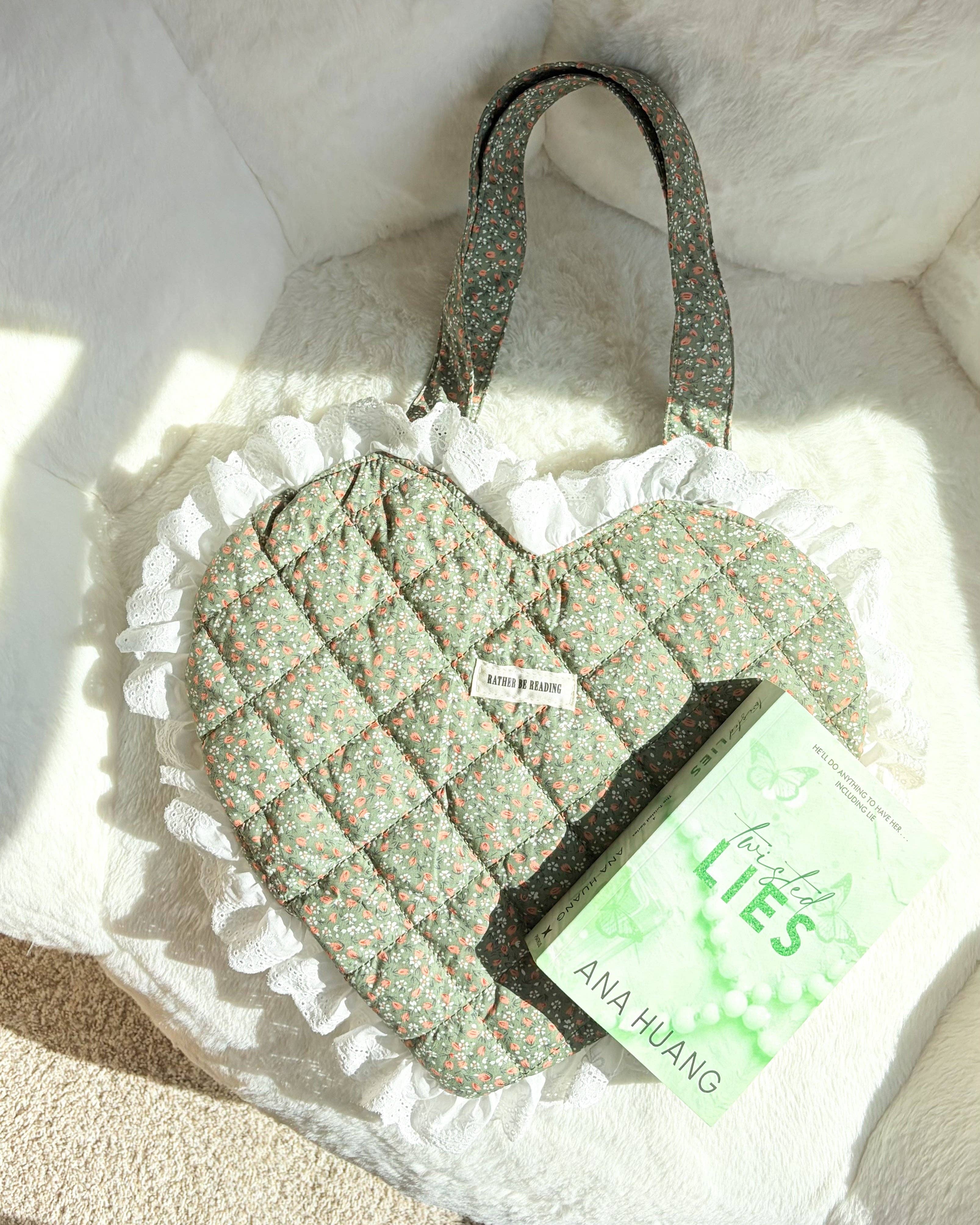 The Bean Workshop - Wholesale Tote Bag - Women's - Rather Be Reading Green Quilted Heart Tote Bag with Ruffled Lace Trimming4