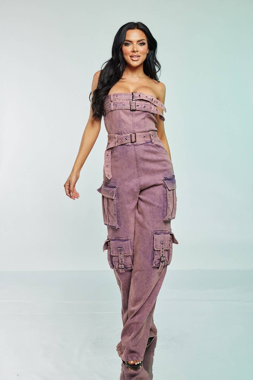 Pink Acid-Wash Cargo Jumpsuit Spandex for wholesale on Faire2
