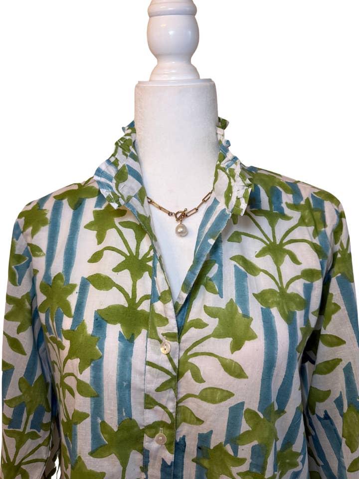 Women's Striped Floral Block Print Ruffled Blouse for wholesale by Rena Lina