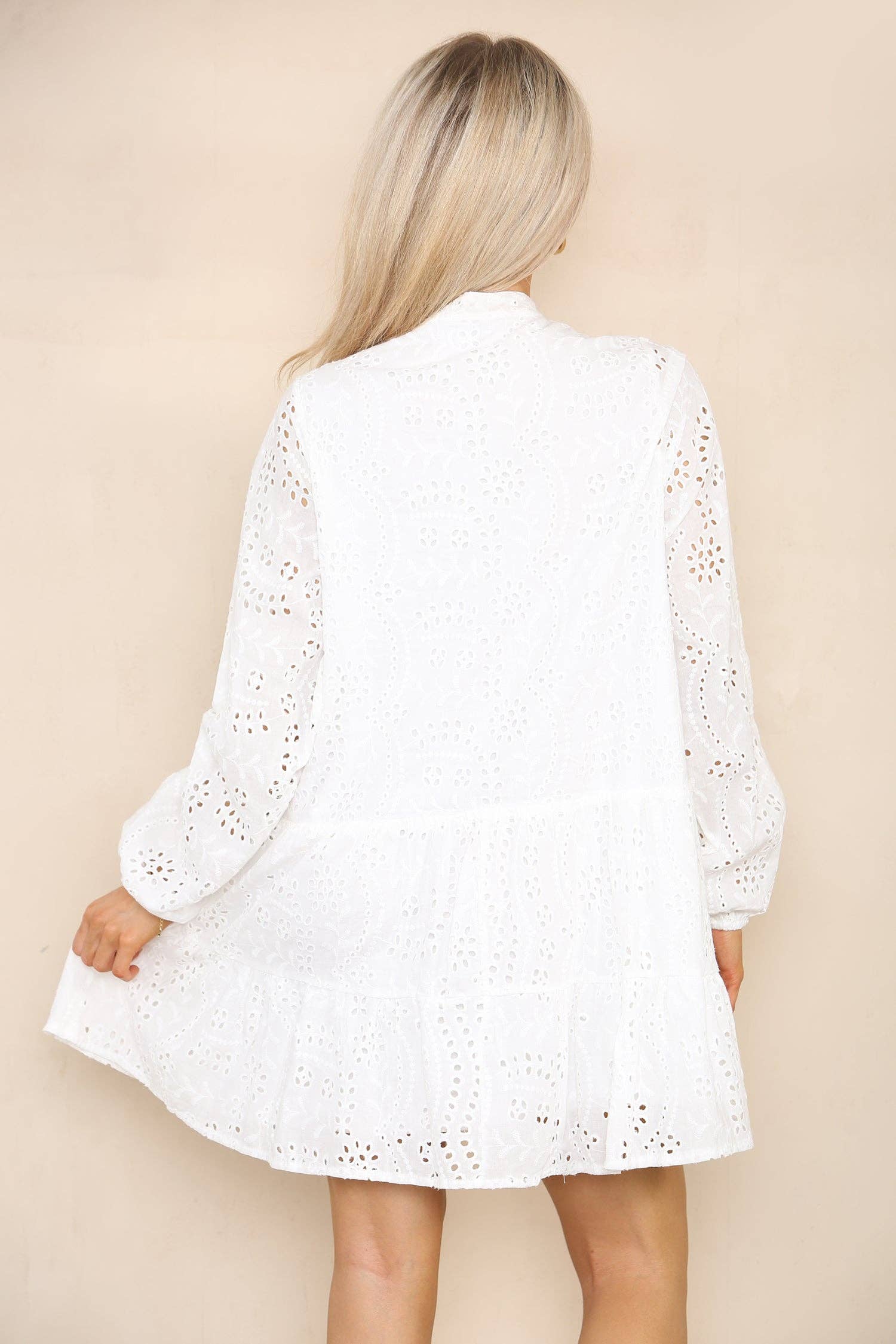 White Eyelet Tie Neck Ruffle Hem Dress for wholesale on Faire3