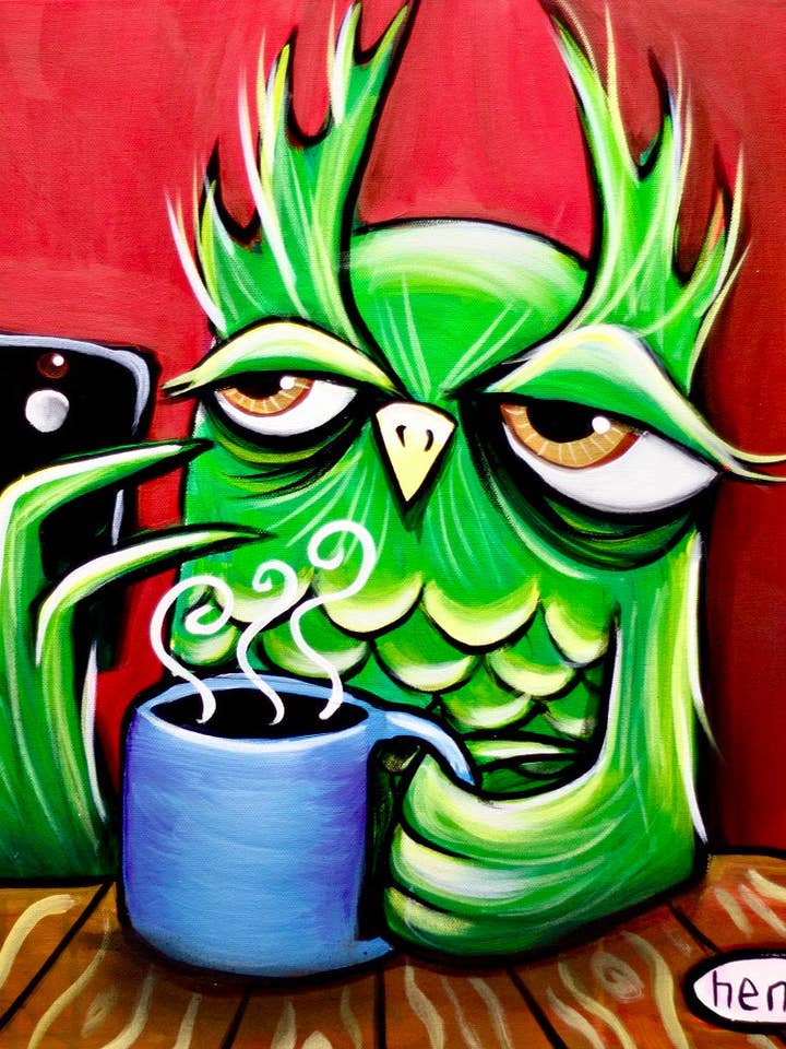 Owl with Coffee and Phone Canvas Print for wholesale by It's a Henry