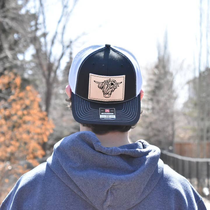 Leather Hat Patches - Highland Cow with Flowers for wholesale by Prairie Buffalo