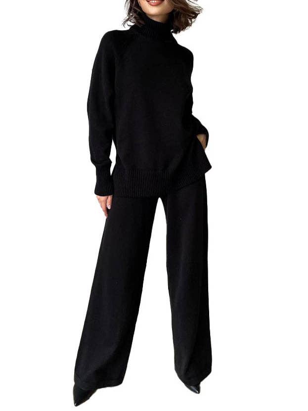 alberalkirk - Wholesale Top & Pant Set (NOT Loungewear) - Women's - Turtleneck Knit Set Women Wide Leg Pants N5A2933