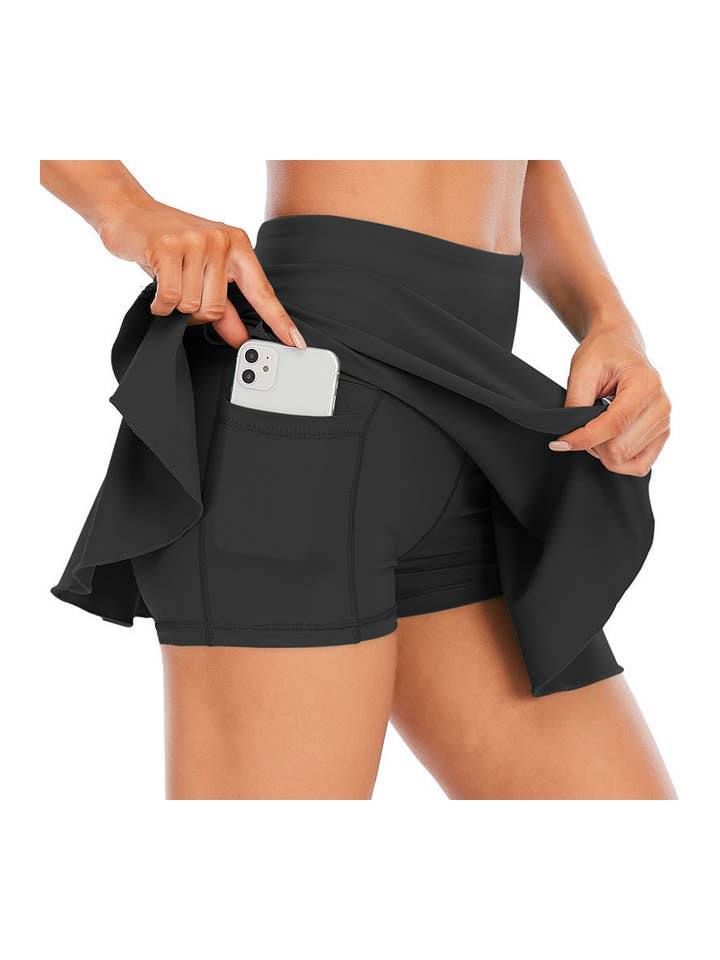 Color 5 - Wholesale Athletic Skirt - Women's - Solid color athletic skorts feature under shorts w/pockets