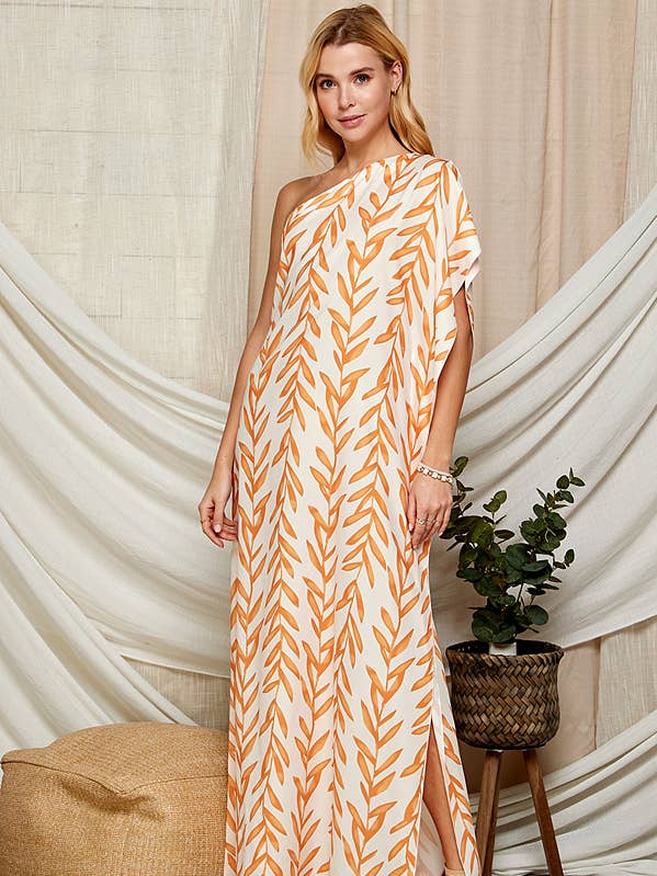 Leaf Print One Shoulder Satin Dress for Women 5146IMD for wholesale by Twentyten