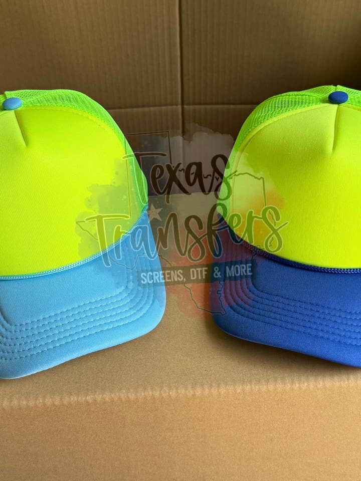 Light Blue Neons Tri-Color Trucker Hat for wholesale by Texas Transfers
