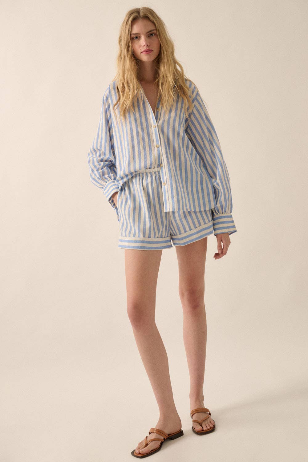 Promesa USA - Wholesale Shorts - Women's - Striped Loose-Fit Wide-Leg Paperbag Shorts7