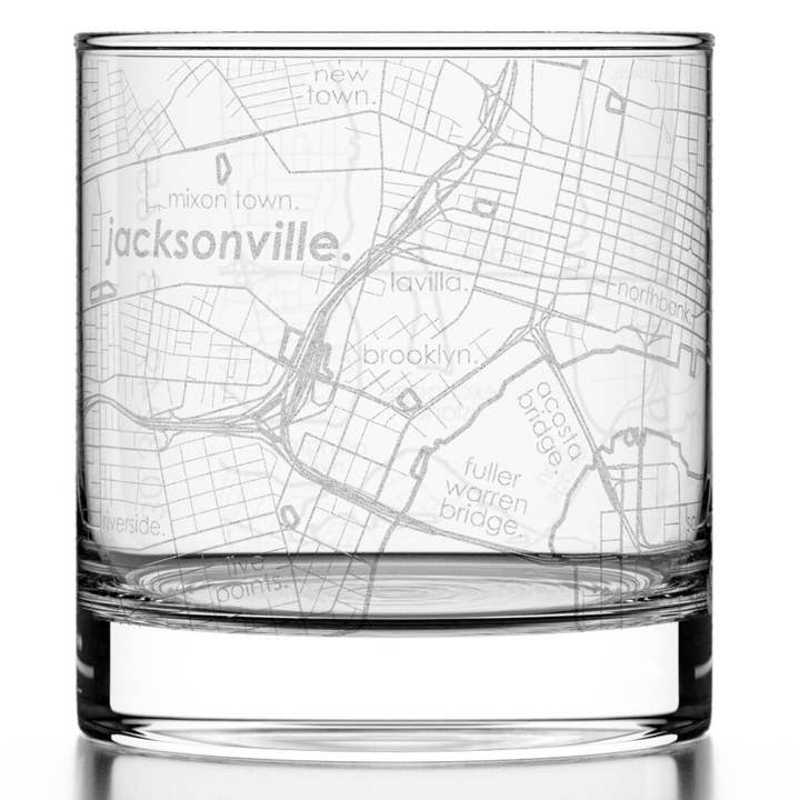 Jacksonville, FL City Map - Etched Whiskey Rocks Glass for wholesale by Well Told