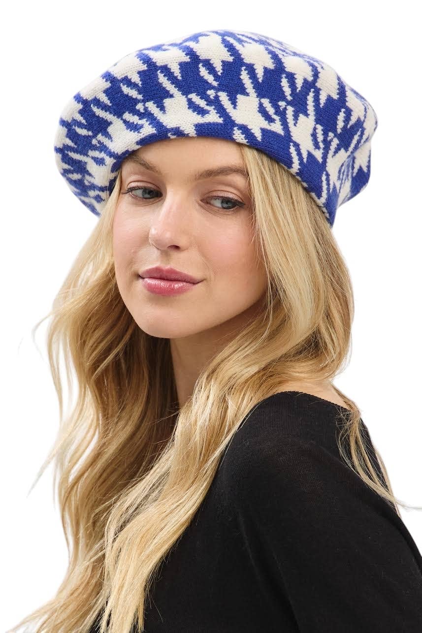 Artini Accessories - Wholesale Beret - Women's - Houndstooth Pattern Soft Knit Beret Hat2