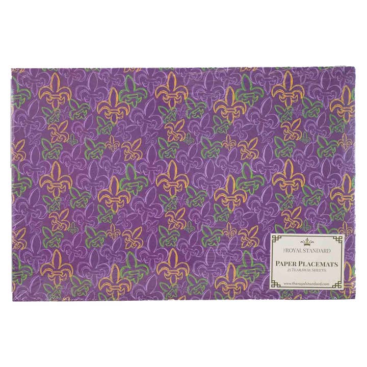 St. Charles Fleur de Lis Paper Placemat White/Purple/Yellow/Green 18.5x12.5 for wholesale by The Royal Standard