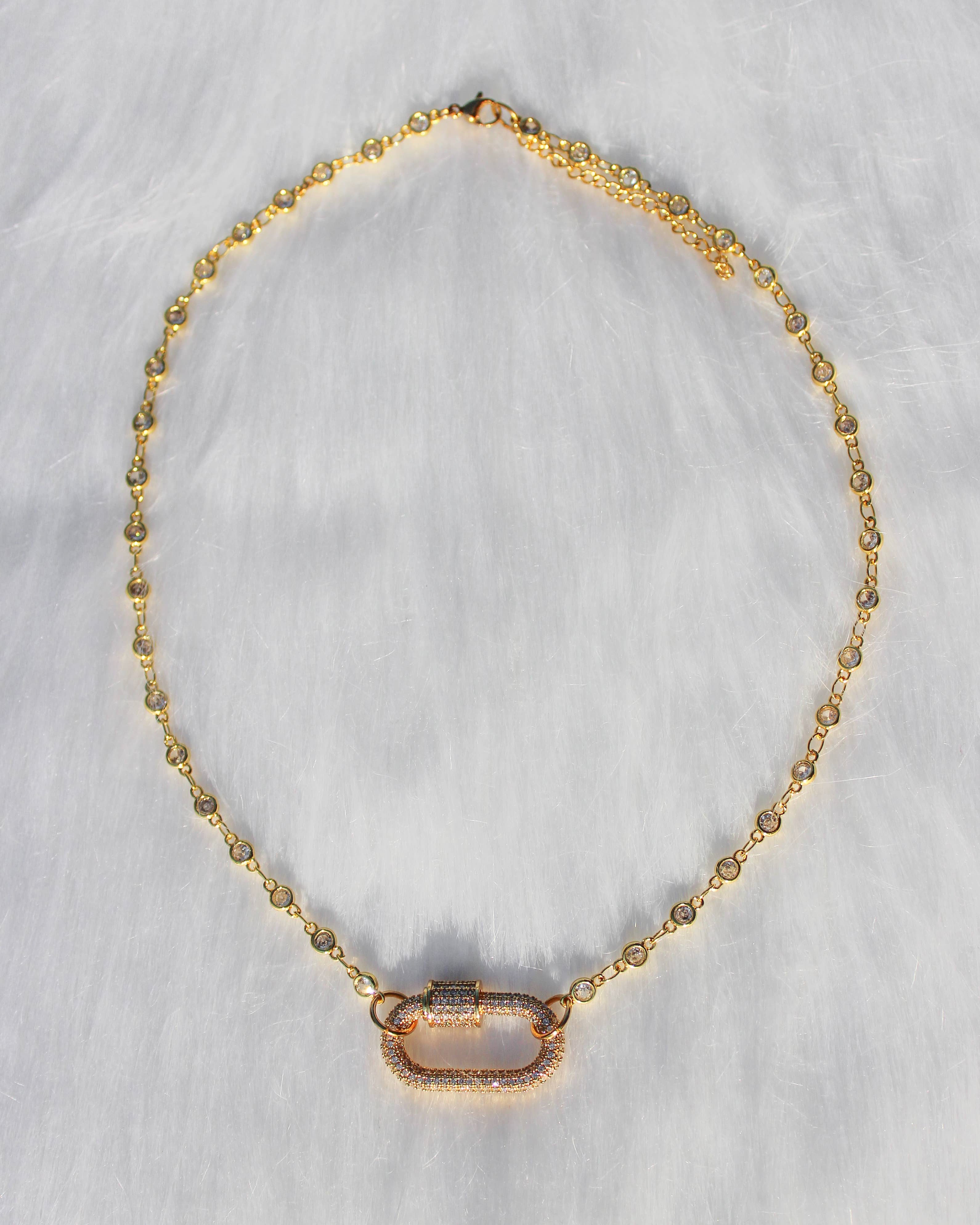 Beaded by Meg - Wholesale Pendant/Charm Necklace - Euphoric Glow- Gold Crystal Chain Carabiner Clasp Necklace