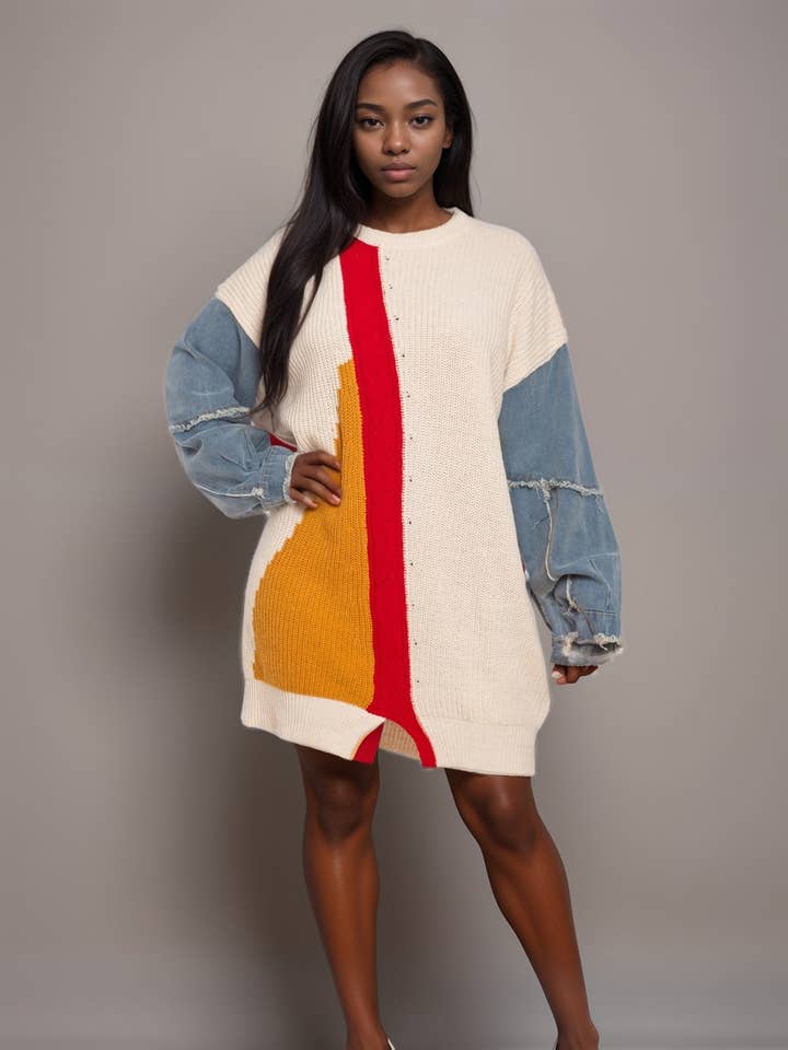 5besties inc - Wholesale Dress - Women's - COLOR BLOCK SWEATER PULLOVER DRESS