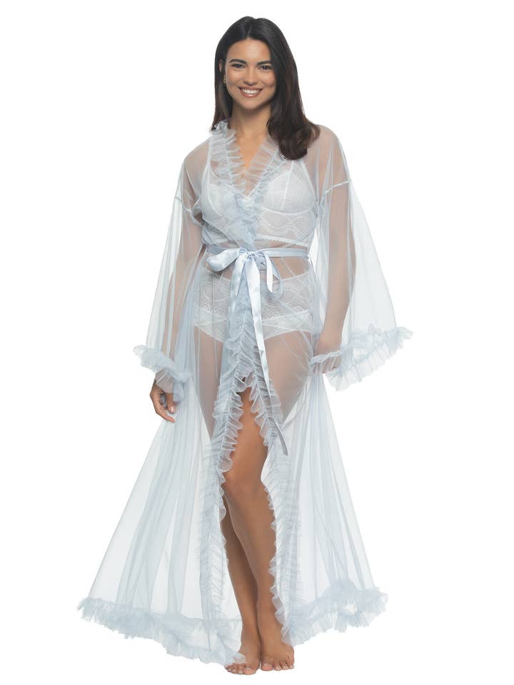 Veil Tulle Ruffle Peignoir Robe - Something Blue for wholesale by Felina