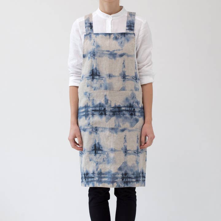 Tie Dye on Natural Linen Japanese Crossback Apron for wholesale by Linen Tales (We cover U.S. import duties)