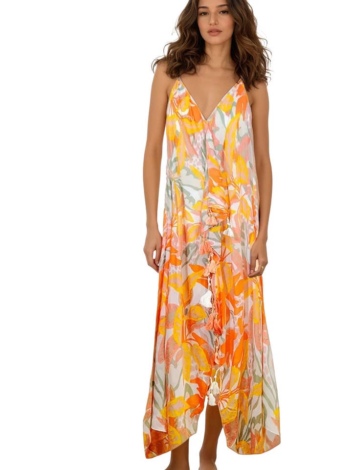 Vestido Maxi Halter de Praia em Estampa de Palmeiras com Leopardo por atacado de Subtle Luxury