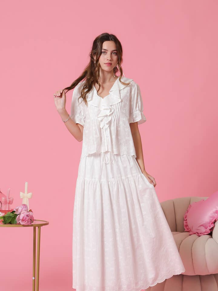 Ribbon eyelet embroidered ruffle top and skirt set for wholesale by Fleur d'Or