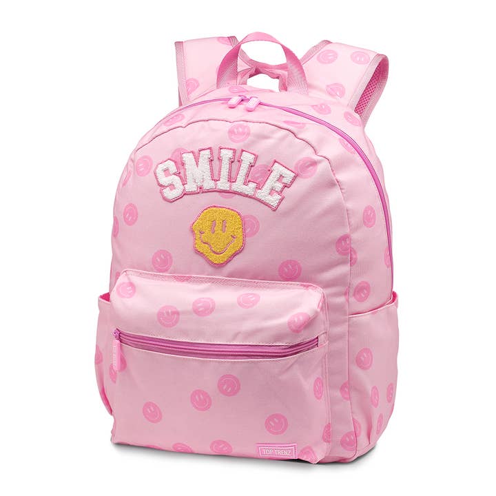 Top Trenz Inc - Wholesale Backpack - Kids - Happy Face Pattern Canvas Backpack With Smile Patch
