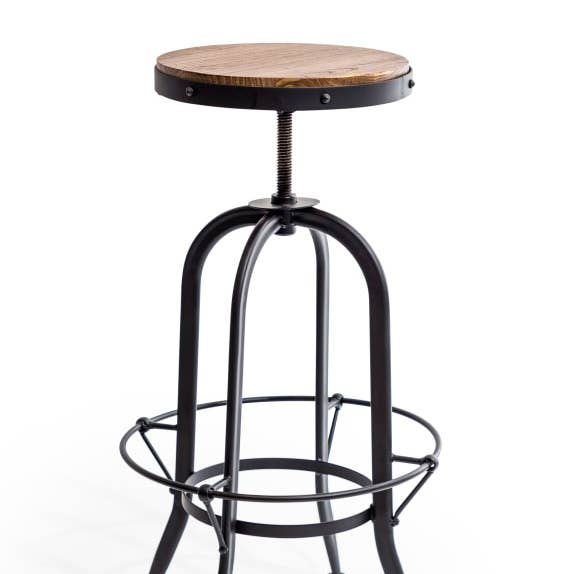 Matt Black Vintage Style Adjustable Bar Stool w/ Wood Seat for wholesale by McGowan & Rutherford Ltd