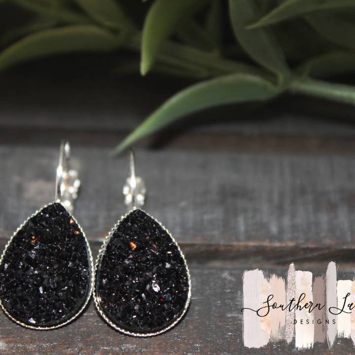 Black Teardrop Faux Chunky Druzy Leverback Earrings for wholesale by Southern Lane Designs