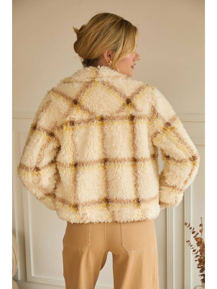Cream Yellow Faux Sherpa Plaid Button Down Shirt Jacket for wholesale on Faire4