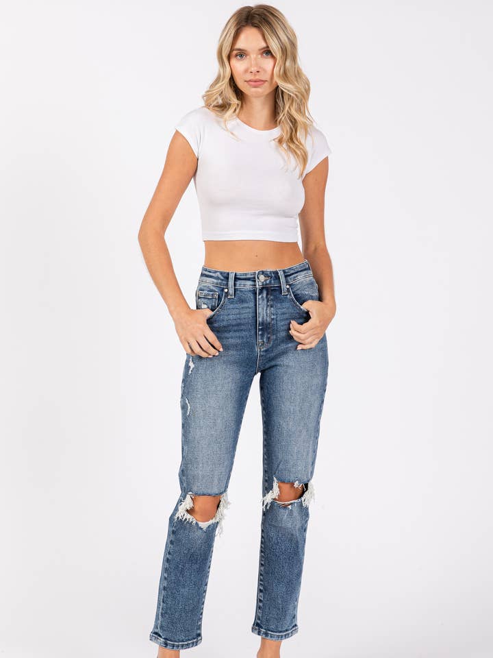 Petra153 - Wholesale Jeans - Women's - P1275M-MD KNEE DESTROYED SUPER HIGH RISE STRETCH MOM JEANS