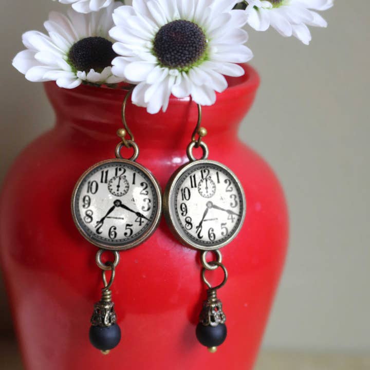 The Divine Iguana - Wholesale Dangle Earrings - Edwardian Clock Steampunk Glass Cabochon and Bronze Earrings