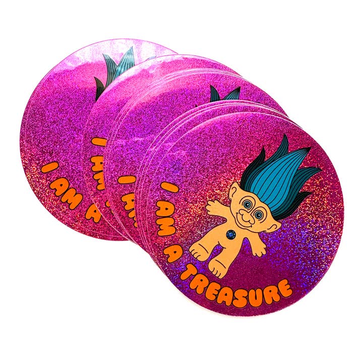 I Am A Treasure Troll Sparkle Holographic Glitter Sticker for wholesale by Krystan Saint Cat