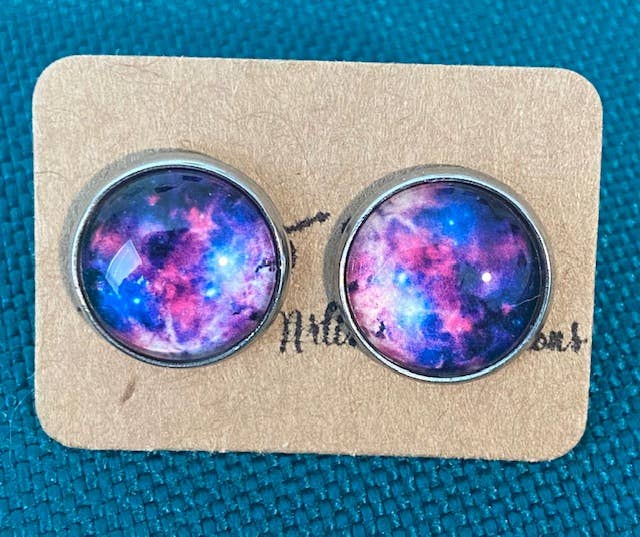 SMA Artistry Creations - Wholesale Stud/Post Earrings - 12mm Galaxy design glass cabochon stud earrings34