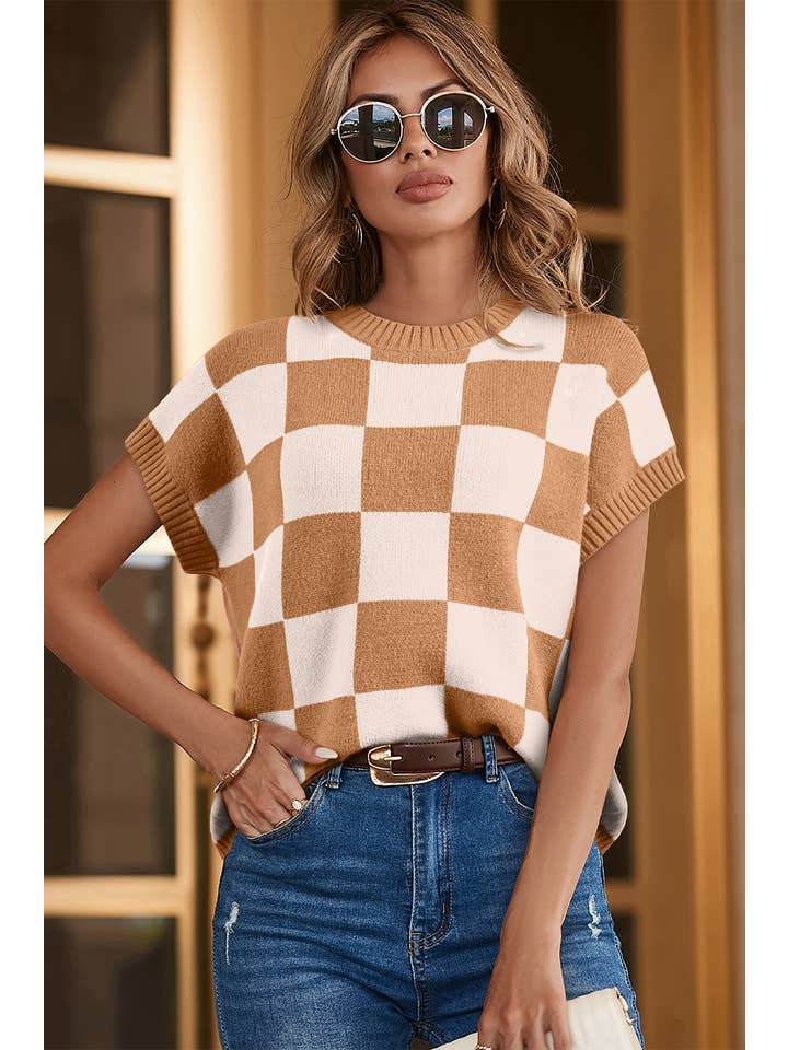 Little Daisy Closet - Wholesale Knit Top - Women's - LDC Colorblock Plaid Pattern Ribbed Trim Sweater Tank Top