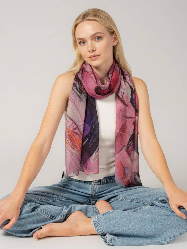 Aurora Blush Abstract Scarf – Modal Silk | Pink & Purple Artistic Wrap for wholesale by Namaskar Australia