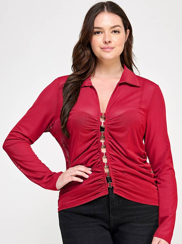Haut froncé à manches longues en maille avec crochets et œillets grande taille SS2585P-T pour la vente par Haute Fox Plus Size & Contemporary