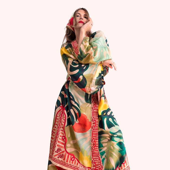 Green *SS26* Kimono Gown - Exotic Leaves for wholesale on Faire7