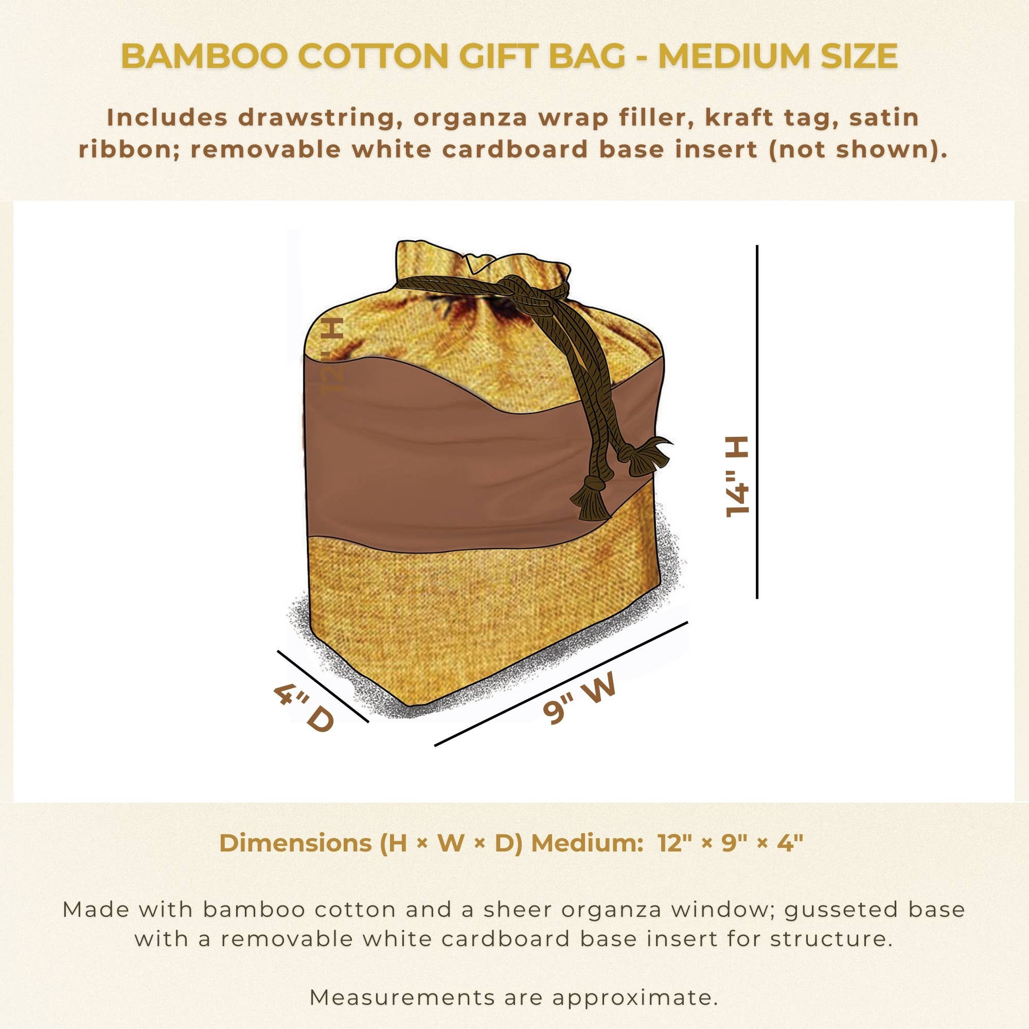 Beauty Blisss - Wholesale Gift Bag - Bamboo Cotton Gift Bag MEDIUM, Light Brown, Tag, 2 Wraps3