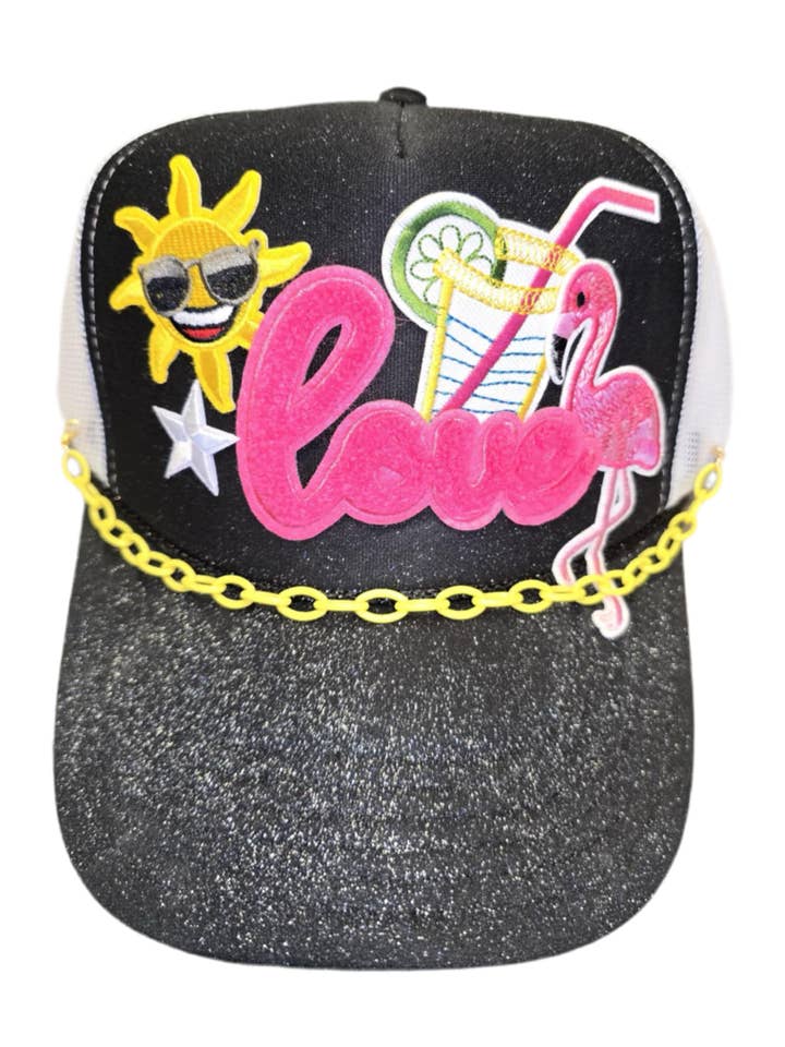 Summer Lovin’ Flamingo Trucker Hat with Silver Shimmer Glitter and Yellow Chain for wholesale by Patchwrx Customs Hat Bar