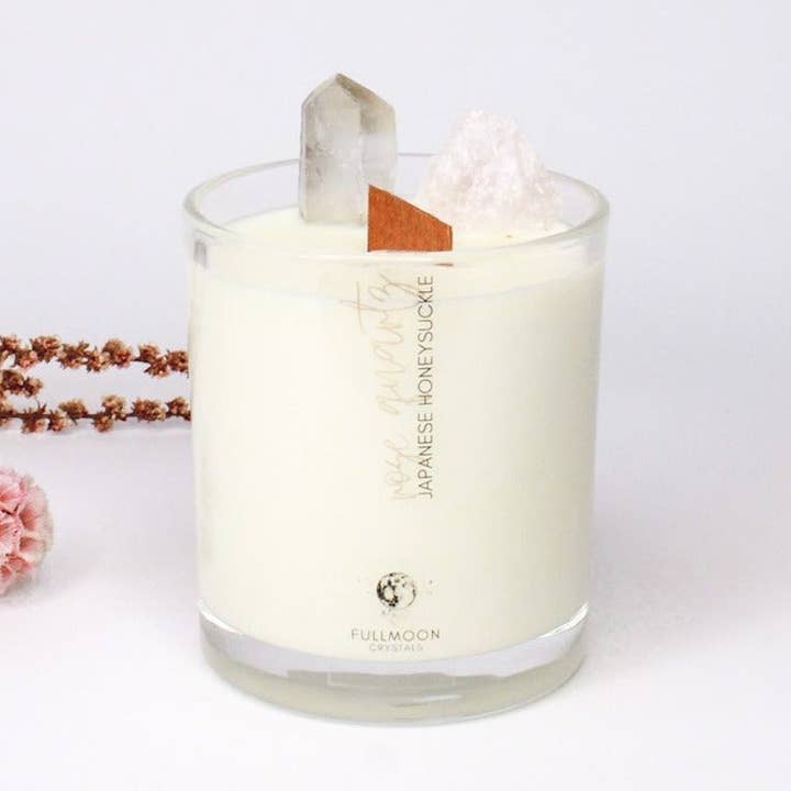 Japansk kaprifol | Rose Quartz Crystal Candle för wholesale av Fullmoon Crystals