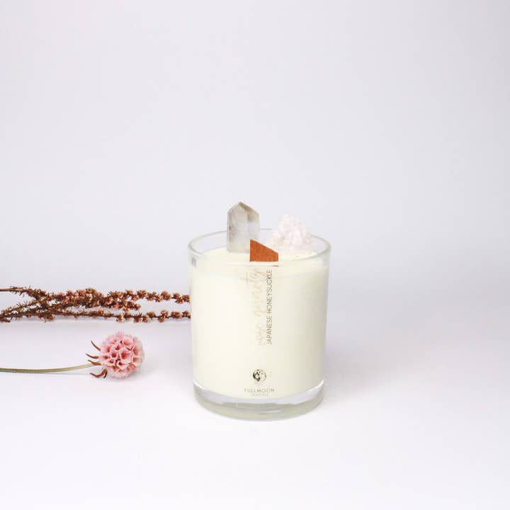 Japanese Honeysuckle | Rose Quartz Crystal Candle for wholesale by Fullmoon Crystals