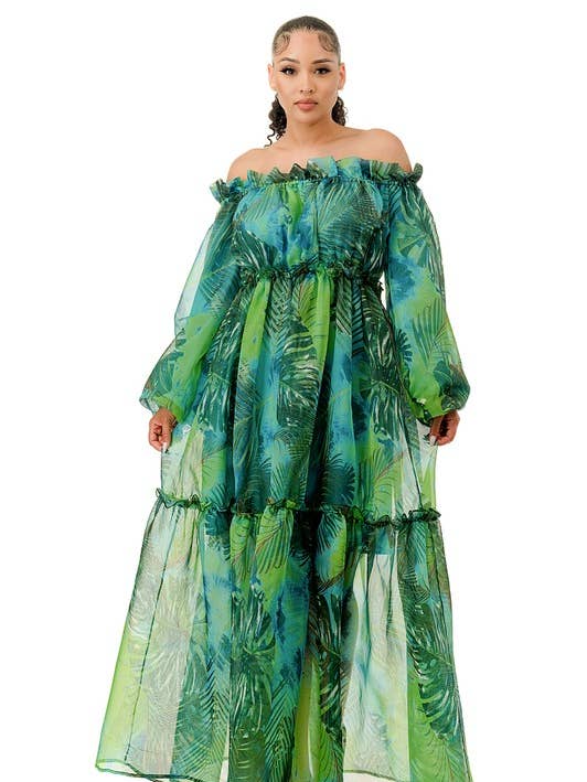 Robe longue évasée à manches longues et épaules dénudées, classique pour la vente par Namatt Design