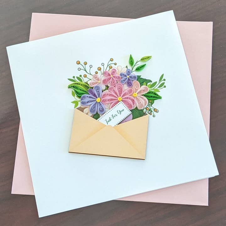 Blue Bird Cards - Wholesale Love Card - Just for You Floral Envelope Quilling Card