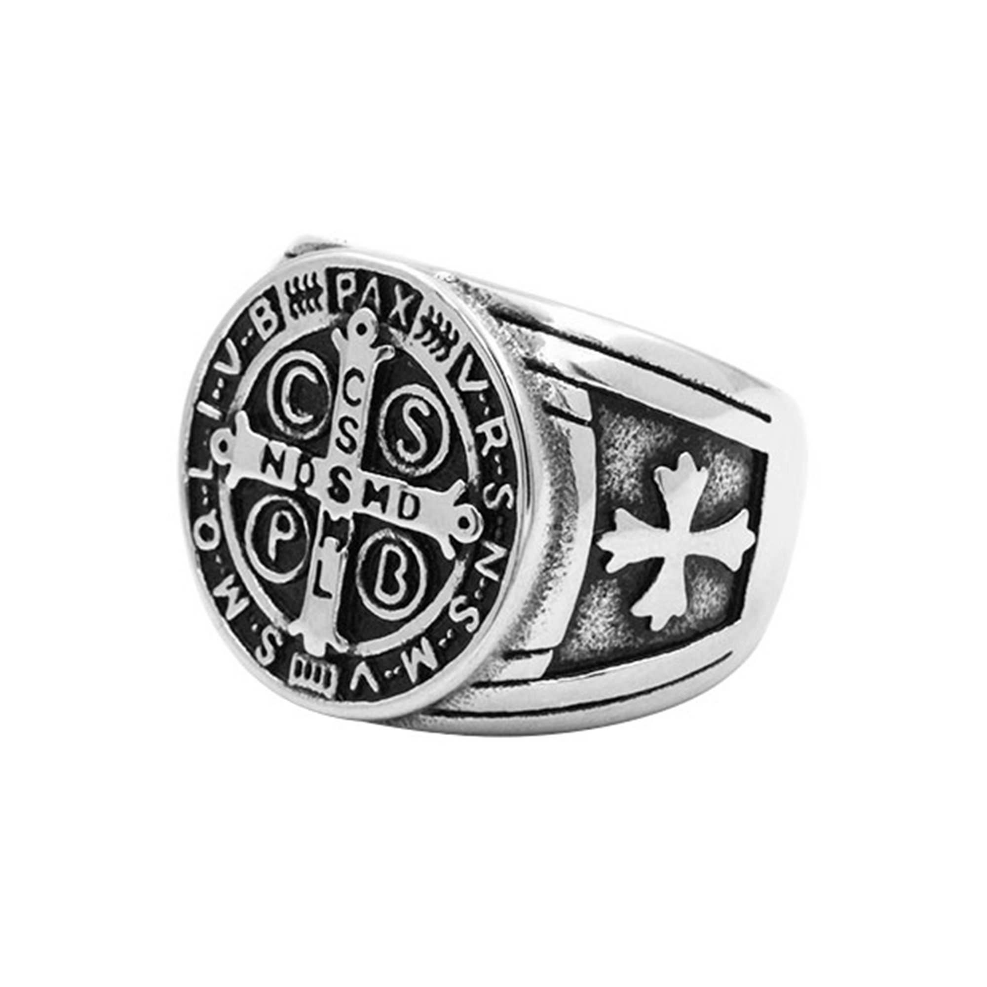 Awaken - Wholesale Signet Ring - Artisan Cross of Saint Benedict Steel Ring - A-412