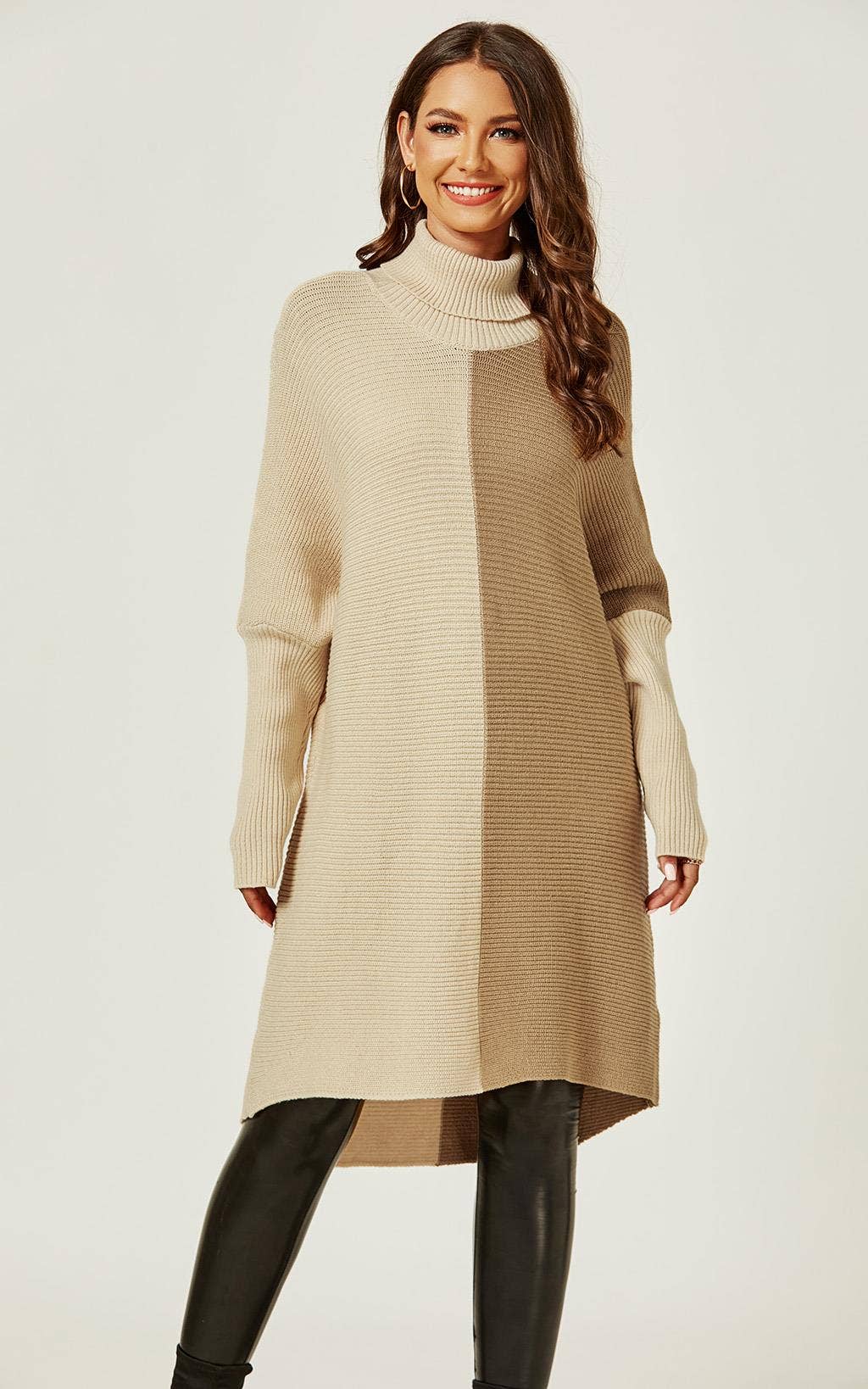 FS Collection (Germany) - Wholesale Tunic Sweater - Women's - High Neck Half Forest Beige & Taupe Block Colour Jumper Top2